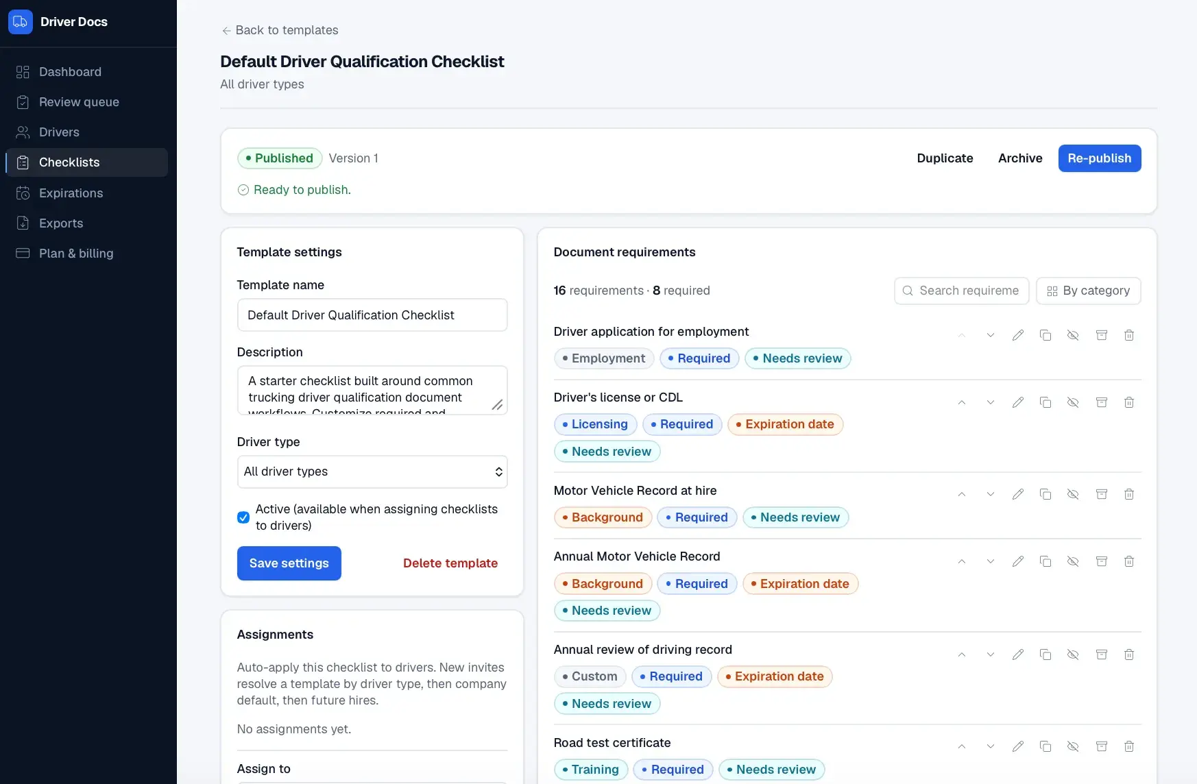 Default Driver Qualification Checklist editor: published template settings on the left and a document-requirements list (driver's license, MVR, road test) with category and required tags.