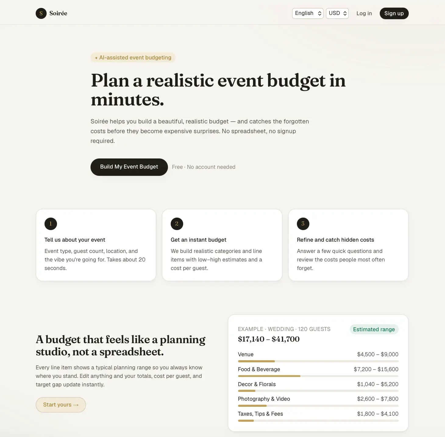 Soirée event-budget landing page headlined 'Plan a realistic event budget in minutes,' with a three-step how-it-works row and an example wedding budget range card.