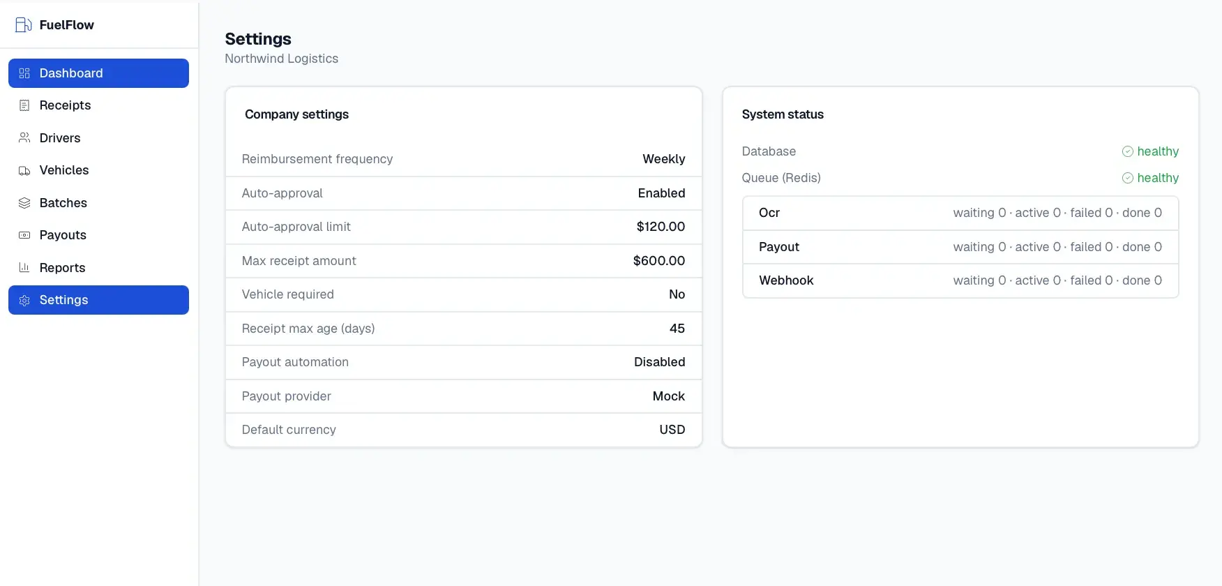 FuelFlow Settings with company settings (reimbursement frequency, auto-approval limits, currency) and a system status panel showing healthy database and queues